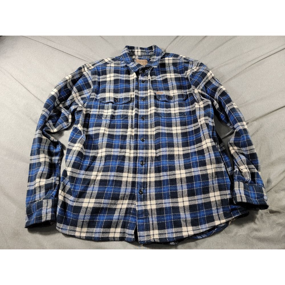 Orvis Flannel Shirt Mens XL Blue Plaid Shacket Heavy Button Up Outdoor Pocket